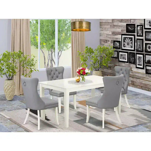 Set da pranzo in 5 pezzi rettangolare in lino bianco con piano in legno massello imbottito - 4 posti