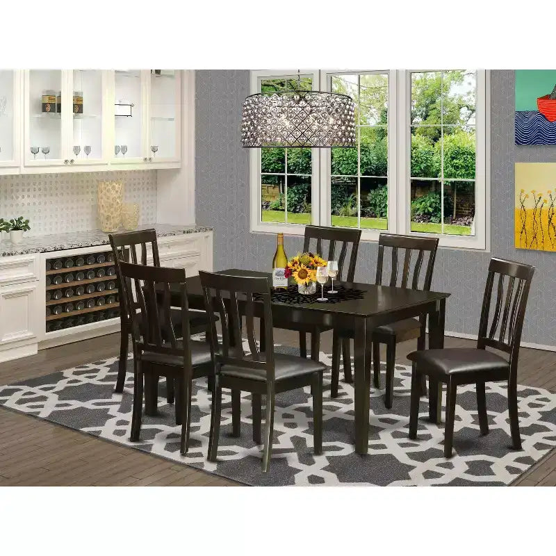 Tavolo da pranzo rettangolare HomeStock a 7 pezzi con piano in legno massello finitura cappuccino e 6 sedie