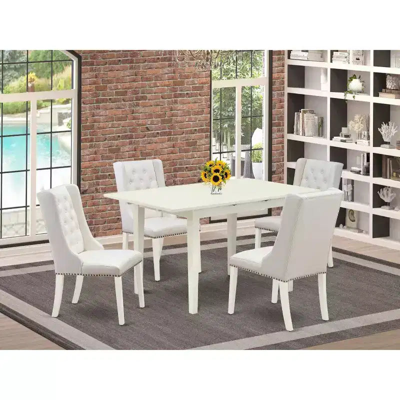 Set Sala da Pranzo 5 Pezzi in Legno Massello Finitura Bianco Lino con Sedie a Bottone (4 Posti)