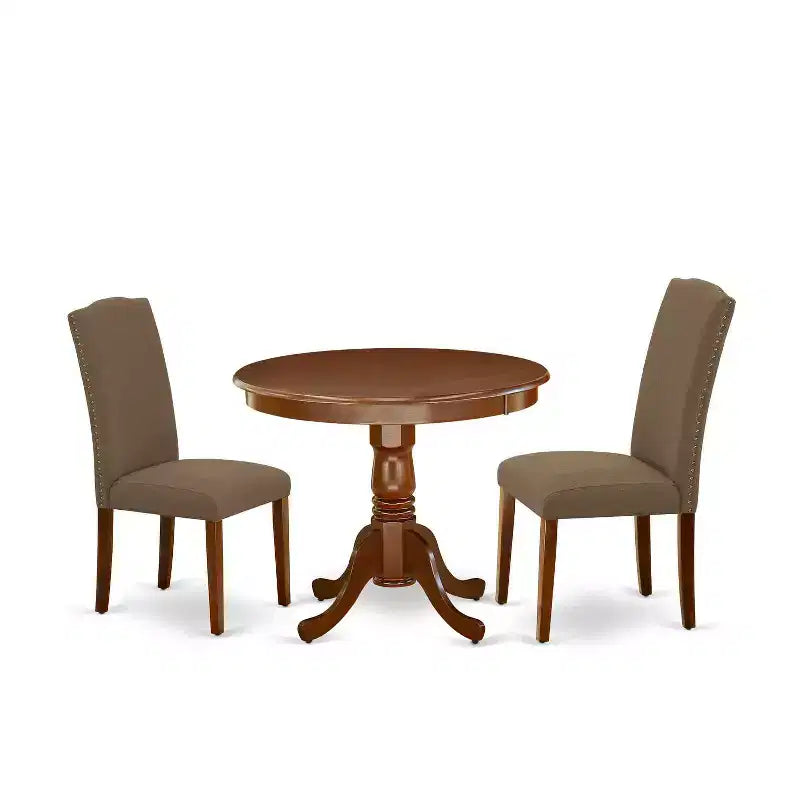 Round Dining Table Set - 36 Inch Table & 2 Chairs - Linen Fabric - Dark Coffee Finish
