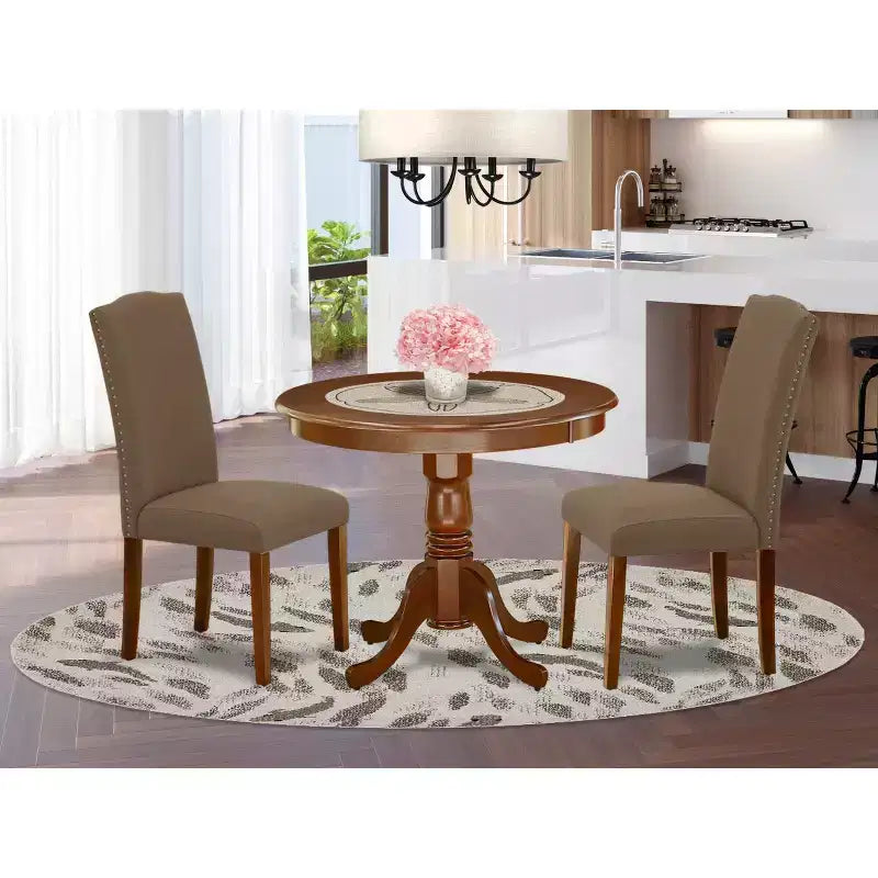 Set Tavolo da Pranzo Rotondo - Tavolo da 91 cm e 2 Sedie - Tessuto di Lino - Finitura Caffè Scuro