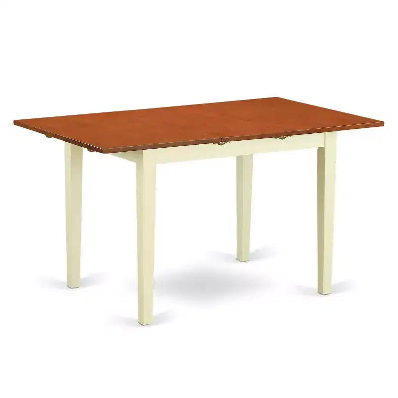 Set da tavolo da pranzo HomeStock in 3 pezzi con piano rettangolare in legno massiccio, finitura bianco lino e prolunga a farfalla