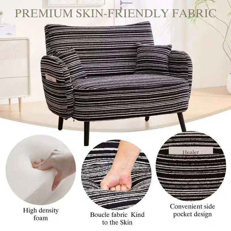 Okak Poltrona singola moderna in boucle con braccioli e cuscini per miscelazione colori, divano-letto con contenitore profondo per camera da letto, appartamento