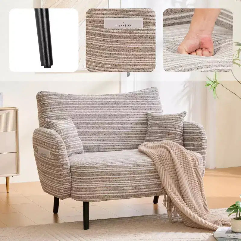 Okak Poltrona singola moderna in boucle con braccioli e cuscini per miscelazione colori, divano-letto con contenitore profondo per camera da letto, appartamento