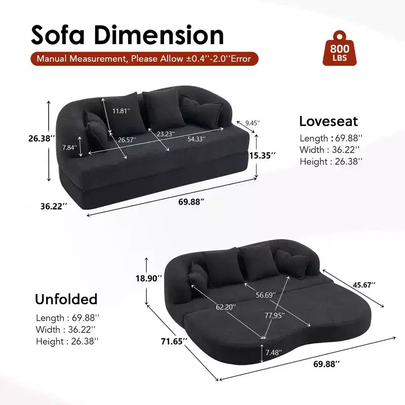 Divano letto pieghevole moderno Okak 2-in-1 senza struttura con 4 cuscini, futon in tessuto ciniglia per soggiorno, appartamento