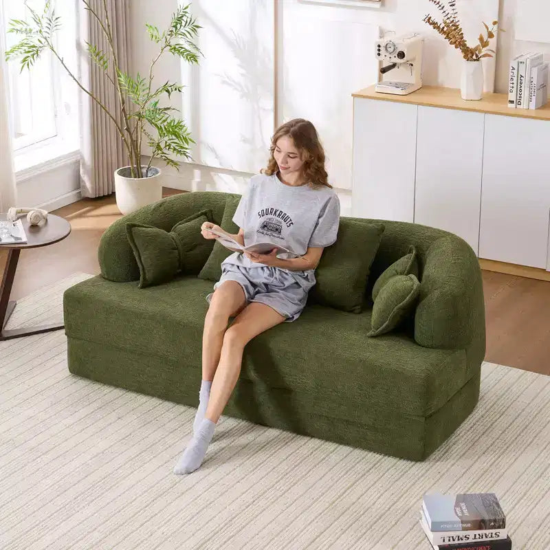 Divano letto pieghevole moderno Okak 2-in-1 senza struttura con 4 cuscini, futon in tessuto ciniglia per soggiorno, appartamento