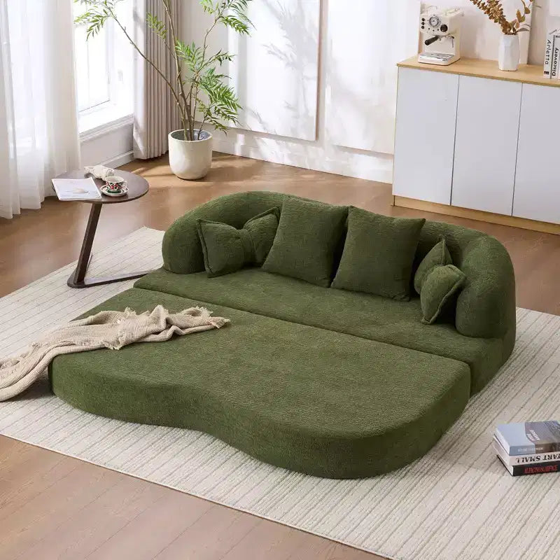 Divano letto pieghevole moderno Okak 2-in-1 senza struttura con 4 cuscini, futon in tessuto ciniglia per soggiorno, appartamento