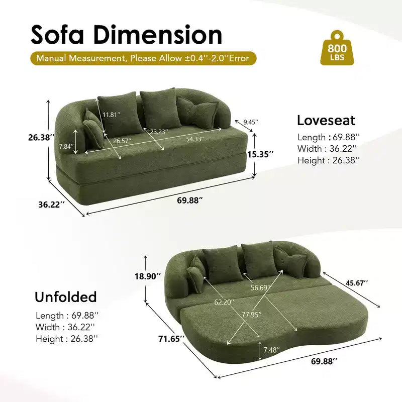 Divano letto pieghevole moderno Okak 2-in-1 senza struttura con 4 cuscini, futon in tessuto ciniglia per soggiorno, appartamento