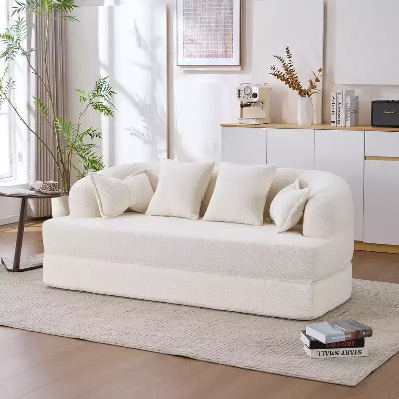 Divano letto pieghevole moderno Okak 2-in-1 senza struttura con 4 cuscini, futon in tessuto ciniglia per soggiorno, appartamento