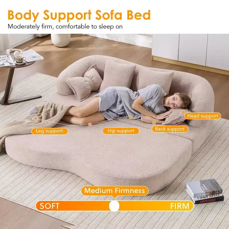 Divano letto pieghevole moderno Okak 2-in-1 senza struttura con 4 cuscini, futon in tessuto ciniglia per soggiorno, appartamento