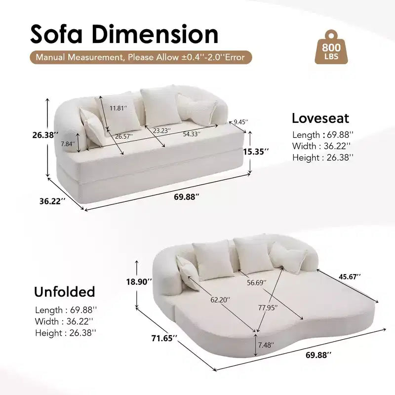 Divano letto pieghevole moderno Okak 2-in-1 senza struttura con 4 cuscini, futon in tessuto ciniglia per soggiorno, appartamento