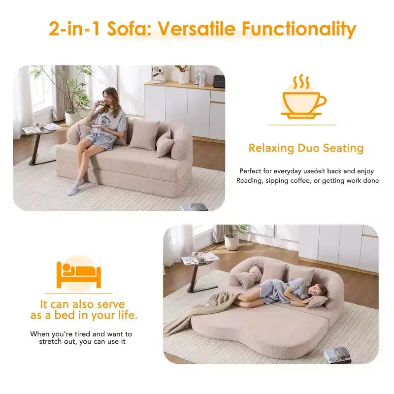 Divano letto pieghevole moderno Okak 2-in-1 senza struttura con 4 cuscini, futon in tessuto ciniglia per soggiorno, appartamento