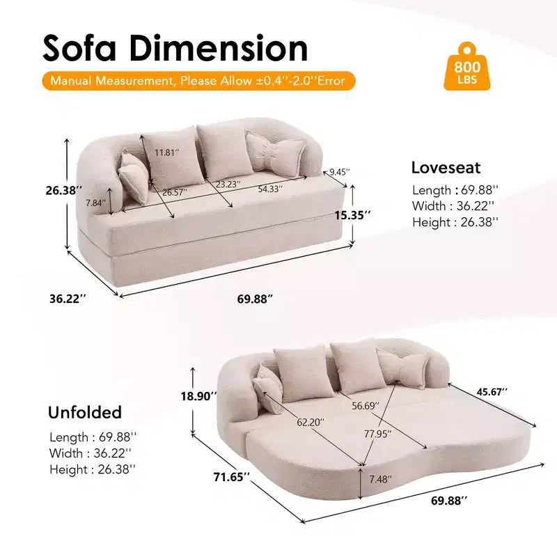 Divano letto pieghevole moderno Okak 2-in-1 senza struttura con 4 cuscini, futon in tessuto ciniglia per soggiorno, appartamento