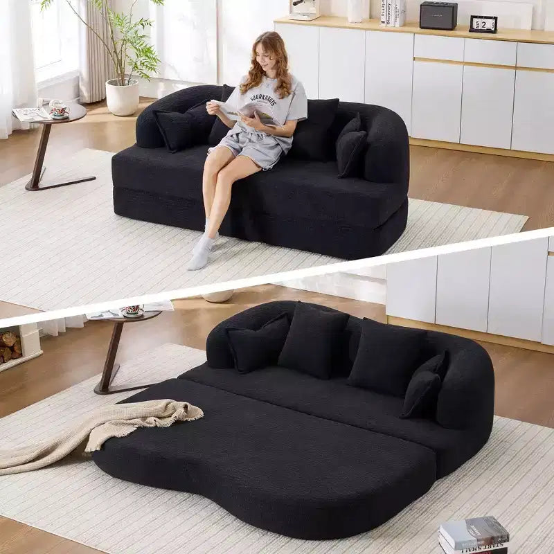 Divano letto pieghevole moderno Okak 2-in-1 senza struttura con 4 cuscini, futon in tessuto ciniglia per soggiorno, appartamento