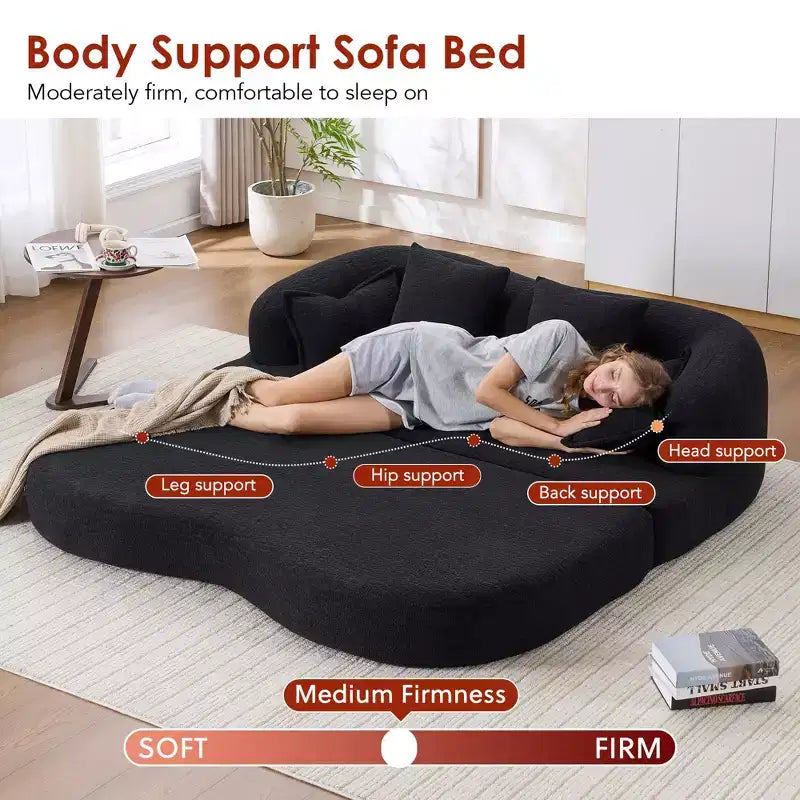 Divano letto pieghevole moderno Okak 2-in-1 senza struttura con 4 cuscini, futon in tessuto ciniglia per soggiorno, appartamento