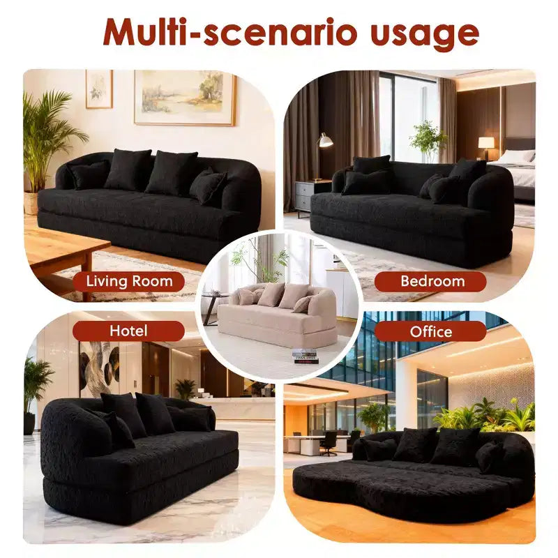 Divano letto pieghevole moderno Okak 2-in-1 senza struttura con 4 cuscini, futon in tessuto ciniglia per soggiorno, appartamento