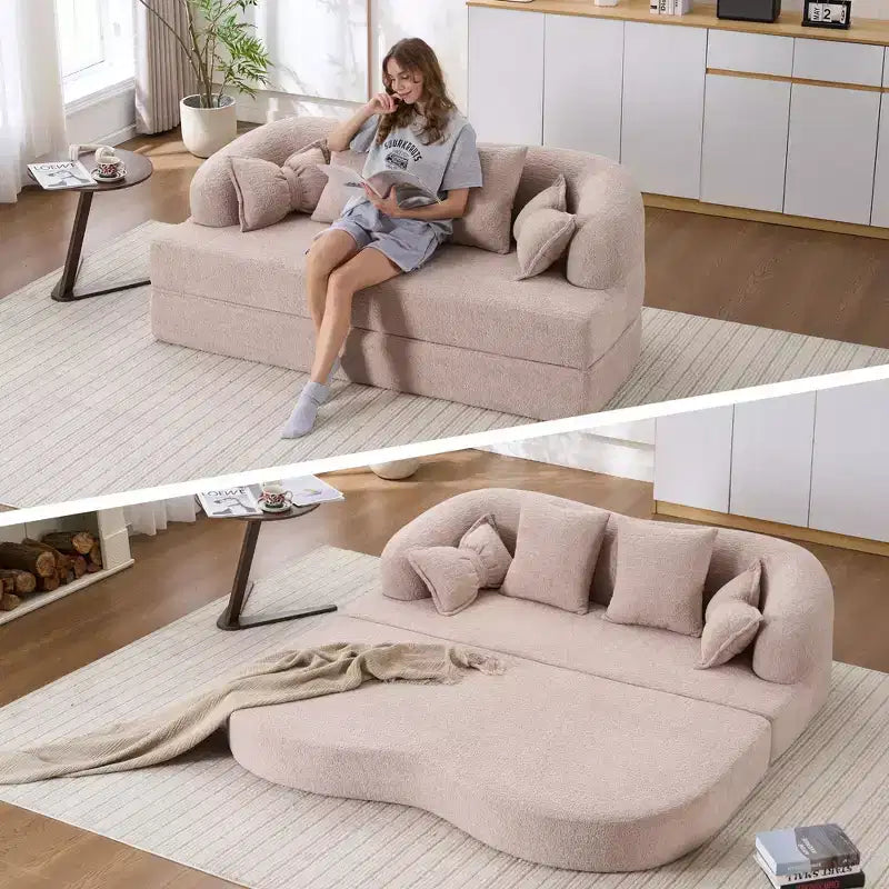 Okak Modern Folding Boneless 2-in-1 Sofa Couch with 4 Pillows,Chenille Fabric Futon Sleeper Sofabed for Living Room, Apartment