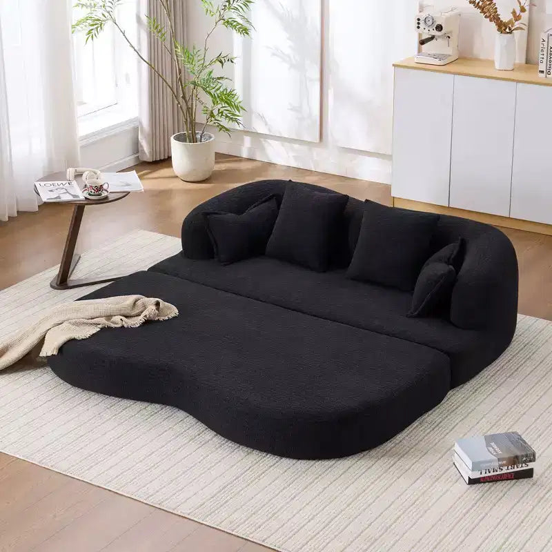 Divano letto pieghevole moderno Okak 2-in-1 senza struttura con 4 cuscini, futon in tessuto ciniglia per soggiorno, appartamento