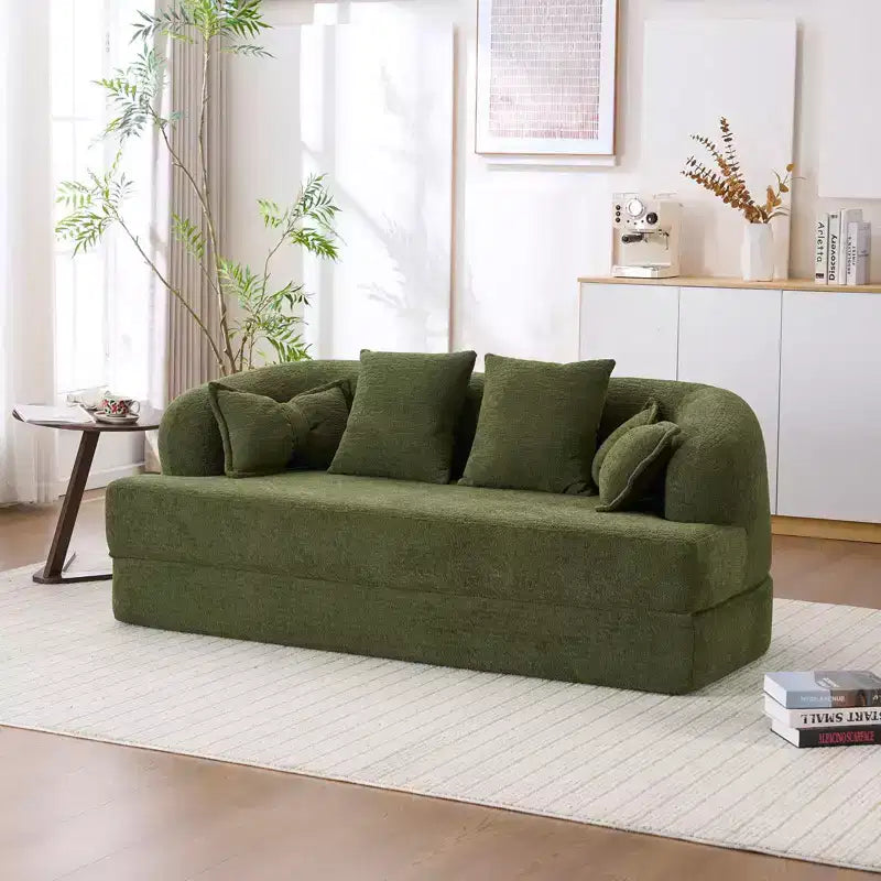Divano letto pieghevole moderno Okak 2-in-1 senza struttura con 4 cuscini, futon in tessuto ciniglia per soggiorno, appartamento