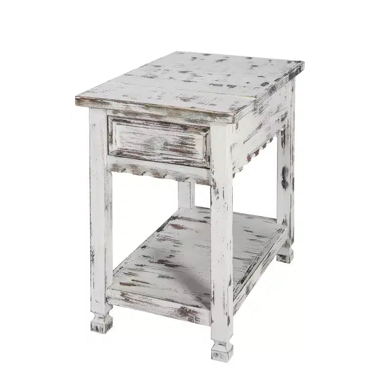 Rustic Cottage Chairside End Table with 1 Drawer & 1 Shelf Antique Dental Work, Distressed White Finish & Square Turned Legs for Living Room