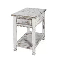 Rustic Cottage Chairside End Table with 1 Drawer & 1 Shelf Antique Dental Work, Distressed White Finish & Square Turned Legs for Living Room