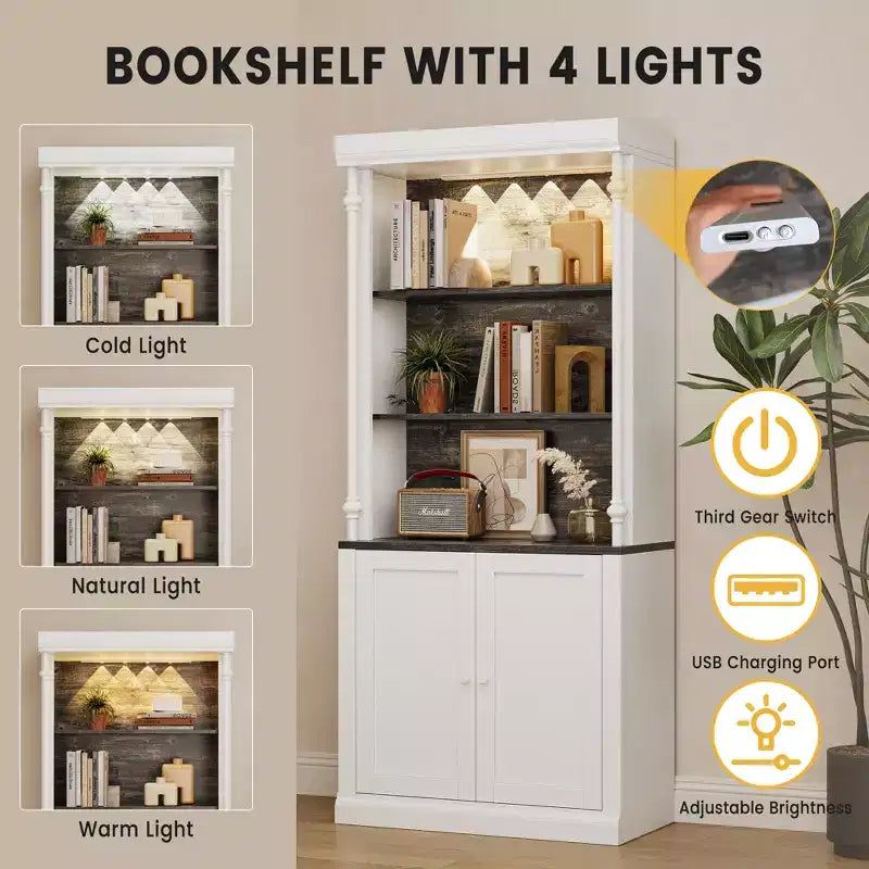 Dispensa da Cucina Autoportante 71" con Illuminazione a LED, Credenza Alta con 2 Ante e Ripiani Regolabili, Dispensa Moderna per Soggiorno