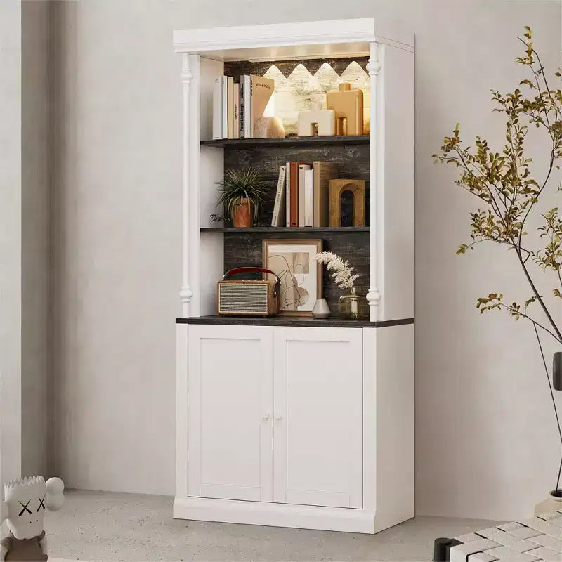 Dispensa da Cucina Autoportante 71" con Illuminazione a LED, Credenza Alta con 2 Ante e Ripiani Regolabili, Dispensa Moderna per Soggiorno