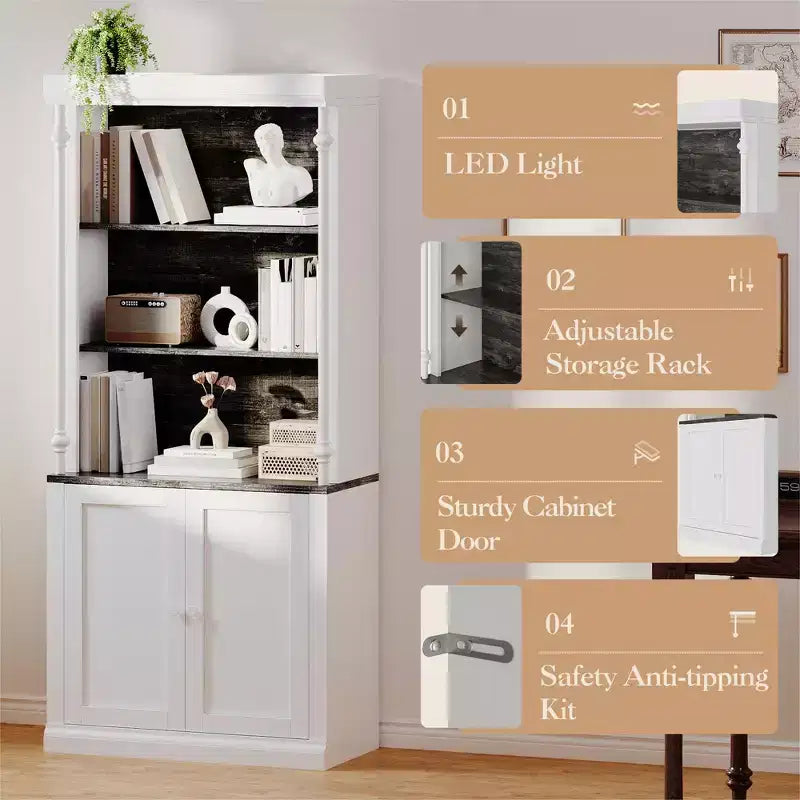 Dispensa da Cucina Autoportante 71" con Illuminazione a LED, Credenza Alta con 2 Ante e Ripiani Regolabili, Dispensa Moderna per Soggiorno