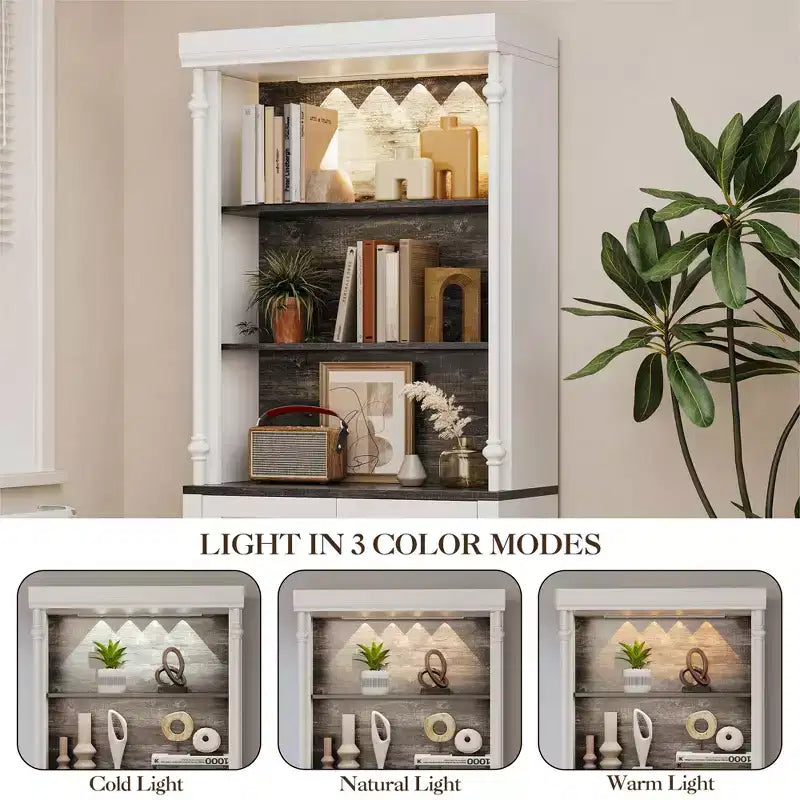 Dispensa da Cucina Autoportante 71" con Illuminazione a LED, Credenza Alta con 2 Ante e Ripiani Regolabili, Dispensa Moderna per Soggiorno