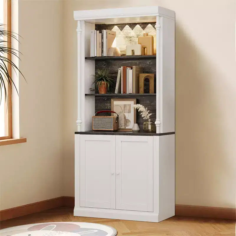 Dispensa da Cucina Autoportante 71" con Illuminazione a LED, Credenza Alta con 2 Ante e Ripiani Regolabili, Dispensa Moderna per Soggiorno