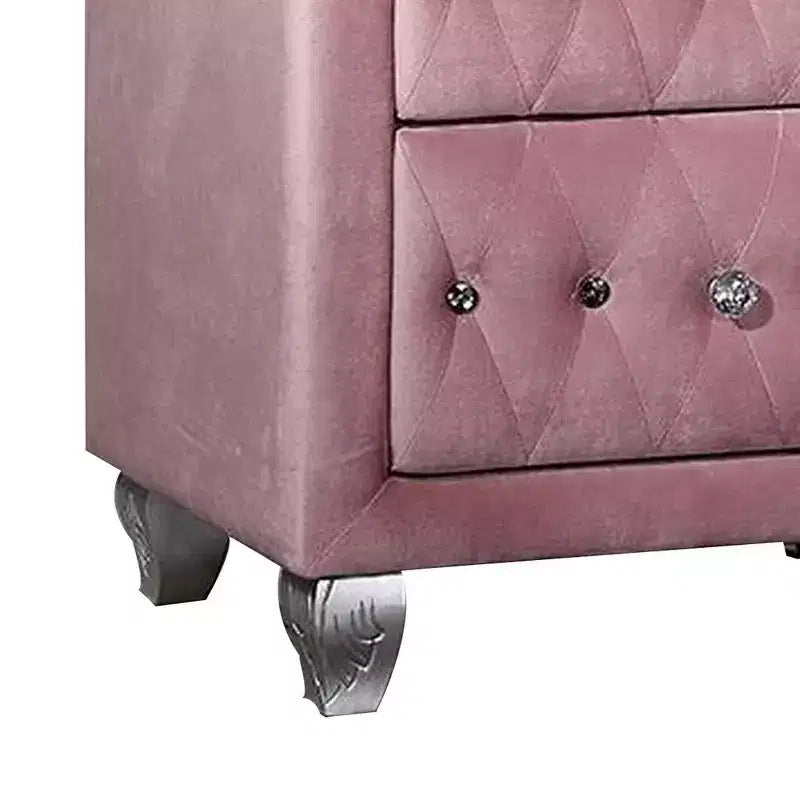 Comodino Royal Hampton 66 cm, 2 cassetti, gambe cabriole, legno, rivestimento rosa
