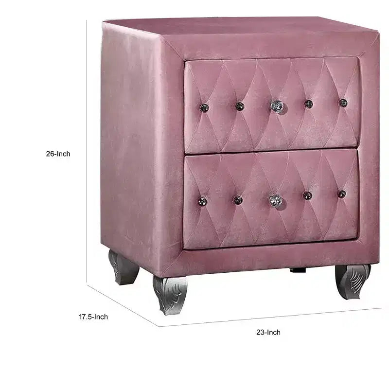 Comodino Royal Hampton 66 cm, 2 cassetti, gambe cabriole, legno, rivestimento rosa