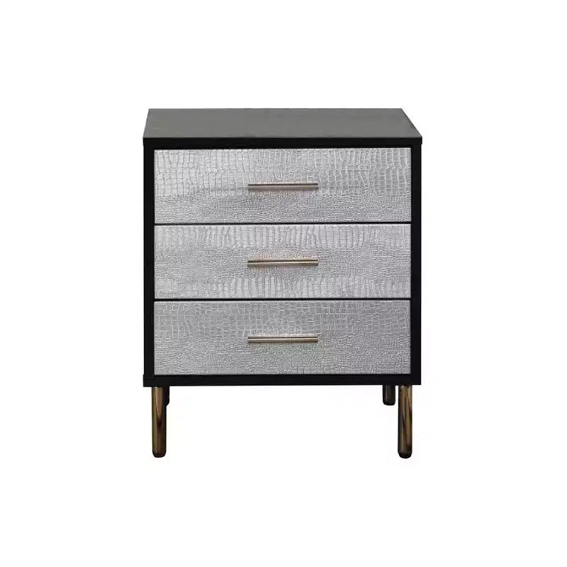 Royal Hampton 19 Inch Glamorous Style Nightstand, 3 Drawers, Black, Silver, Gold