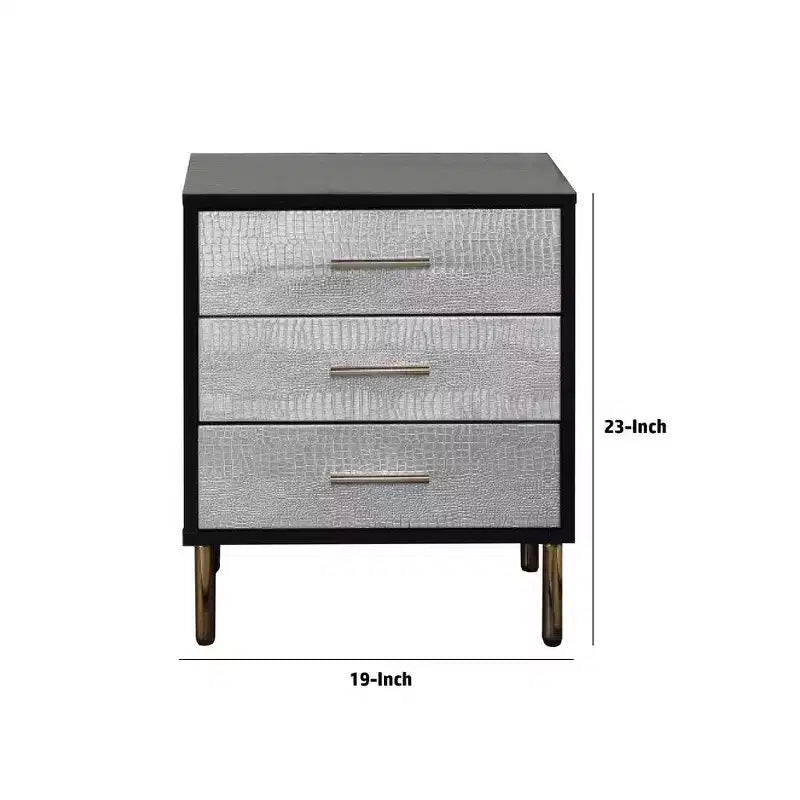 Royal Hampton Comodino 19 pollici Stile Glamour, 3 cassetti, Nero, Argento, Oro