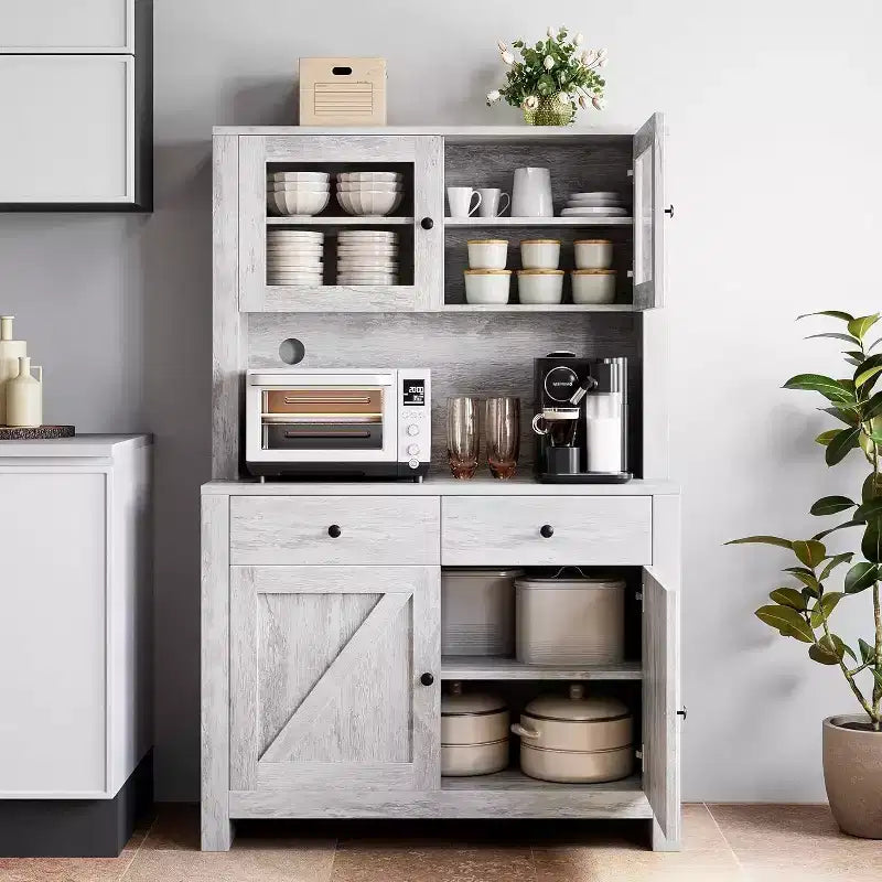 Freestanding Pantry Cabinet with Microwave Stand, Drawers, Doors & Adjustable Shelves, Food Storage Buffet Cabinet for Kitchen, Dining Room, Gray