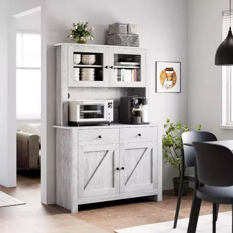 Mobile dispensa indipendente con supporto per microonde, cassetti, ante e ripiani regolabili, credenza per alimenti per cucina, sala da pranzo, grigio