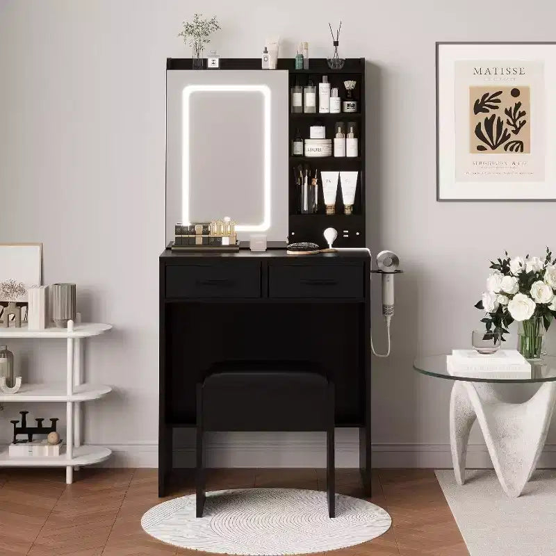Dressing Table with Stool, Makeup Vanity Desk Set with Mirror, Lights, Charging Station, 2 Drawers, Power Outlets, USB Ports and RGB Cabinets