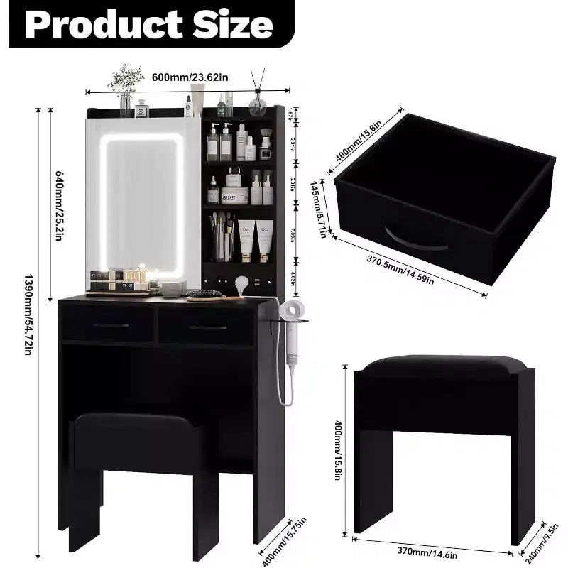 Toeletta con sgabello, set da trucco con specchio, luci, stazione di ricarica, 2 cassetti, prese di corrente, porte USB e armadietti RGB