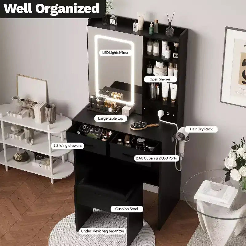 Toeletta con sgabello, set da trucco con specchio, luci, stazione di ricarica, 2 cassetti, prese di corrente, porte USB e armadietti RGB