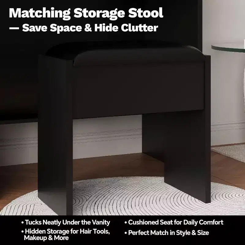 Toeletta con sgabello, set da trucco con specchio, luci, stazione di ricarica, 2 cassetti, prese di corrente, porte USB e armadietti RGB