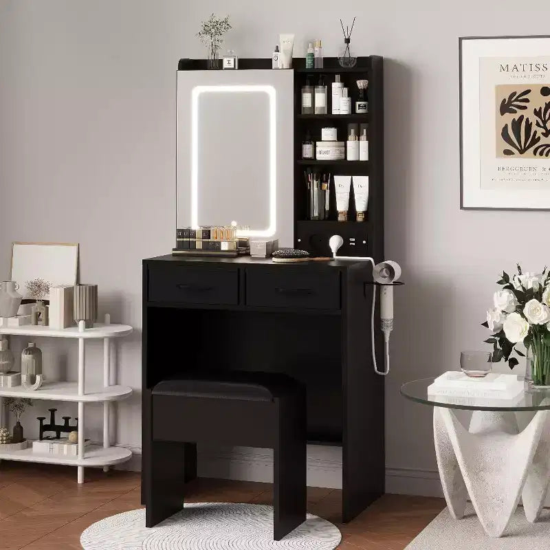 Toeletta con sgabello, set da trucco con specchio, luci, stazione di ricarica, 2 cassetti, prese di corrente, porte USB e armadietti RGB