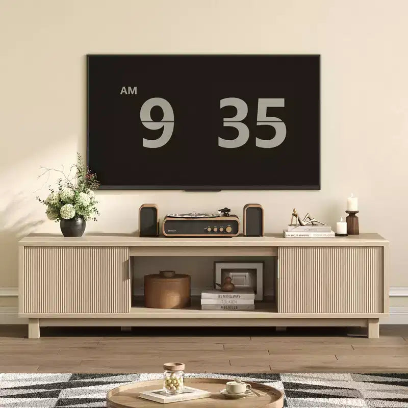 Mobile TV Bestier da 70'' per TV fino a 75'', Consolle TV moderna con 2 armadietti e un ripiano centrale aperto, 2 Console multimediali con fori passacavi