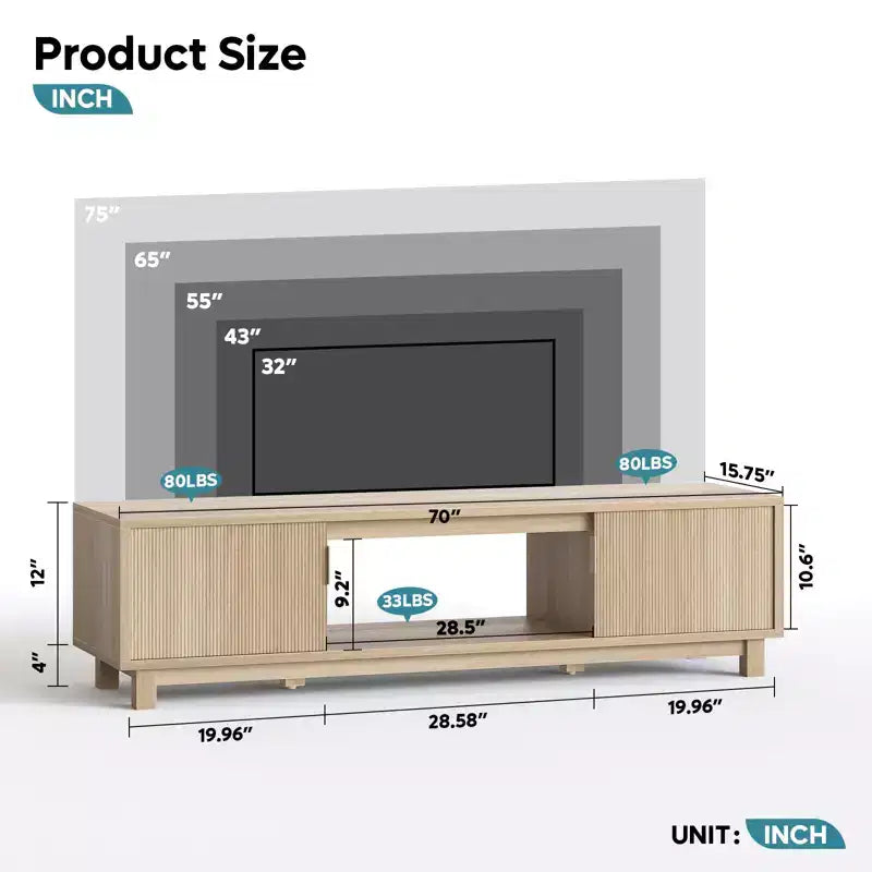 Mobile TV Bestier da 70'' per TV fino a 75'', Consolle TV moderna con 2 armadietti e un ripiano centrale aperto, 2 Console multimediali con fori passacavi