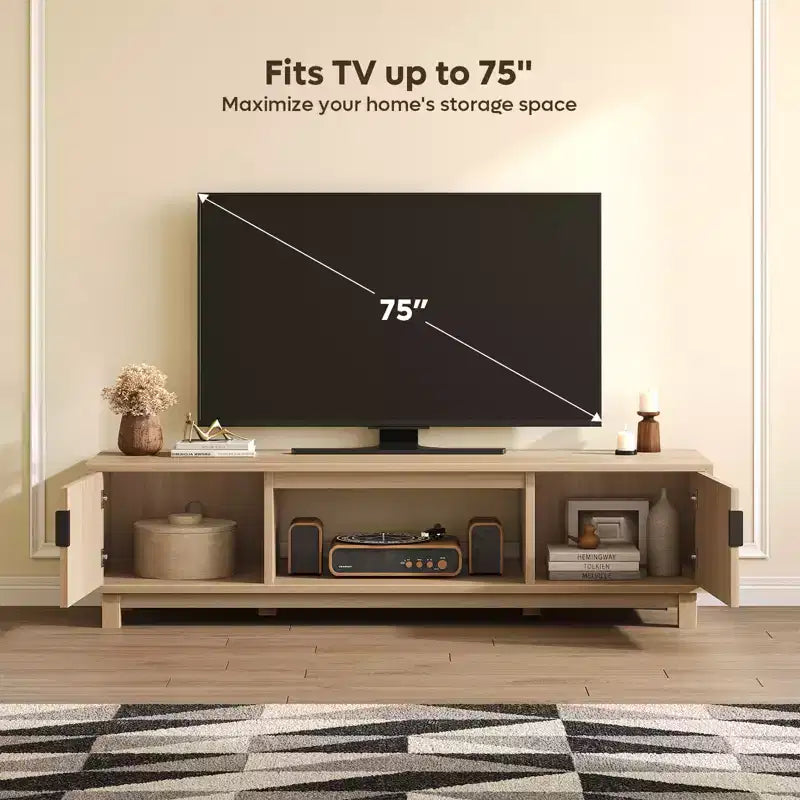 Mobile TV Bestier da 70'' per TV fino a 75'', Consolle TV moderna con 2 armadietti e un ripiano centrale aperto, 2 Console multimediali con fori passacavi