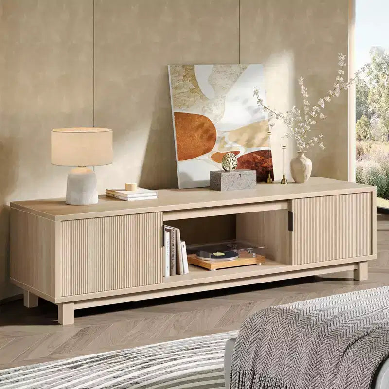 Mobile TV Bestier da 70'' per TV fino a 75'', Consolle TV moderna con 2 armadietti e un ripiano centrale aperto, 2 Console multimediali con fori passacavi