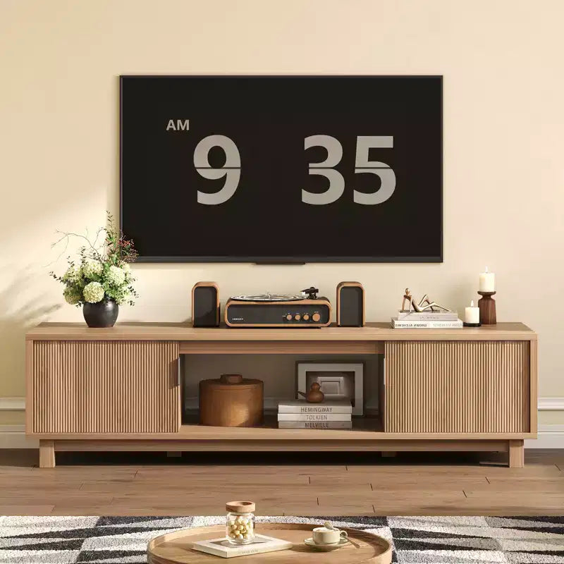 Mobile TV Bestier da 70'' per TV fino a 75'', Consolle TV moderna con 2 armadietti e un ripiano centrale aperto, 2 Console multimediali con fori passacavi