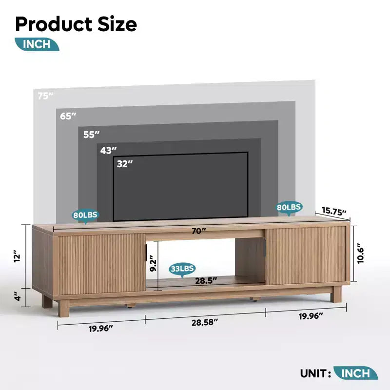 Mobile TV Bestier da 70'' per TV fino a 75'', Consolle TV moderna con 2 armadietti e un ripiano centrale aperto, 2 Console multimediali con fori passacavi