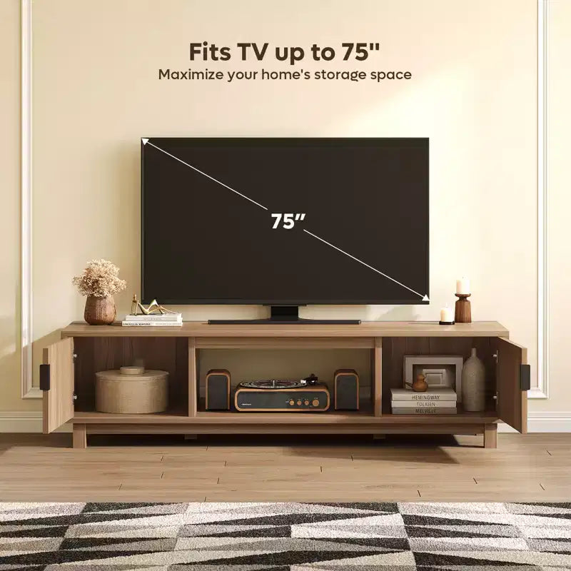 Mobile TV Bestier da 70'' per TV fino a 75'', Consolle TV moderna con 2 armadietti e un ripiano centrale aperto, 2 Console multimediali con fori passacavi