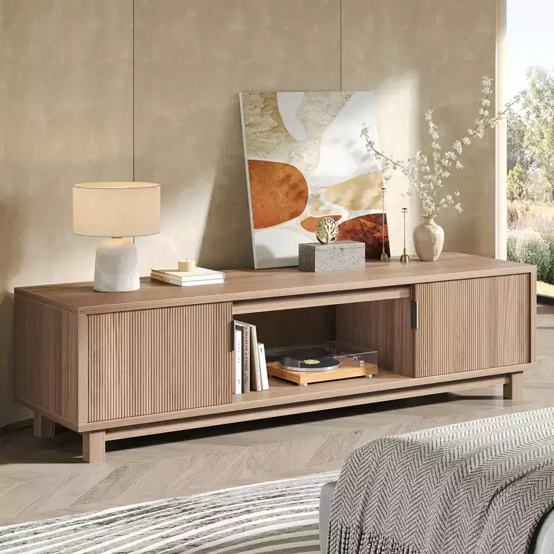 Mobile TV Bestier da 70'' per TV fino a 75'', Consolle TV moderna con 2 armadietti e un ripiano centrale aperto, 2 Console multimediali con fori passacavi