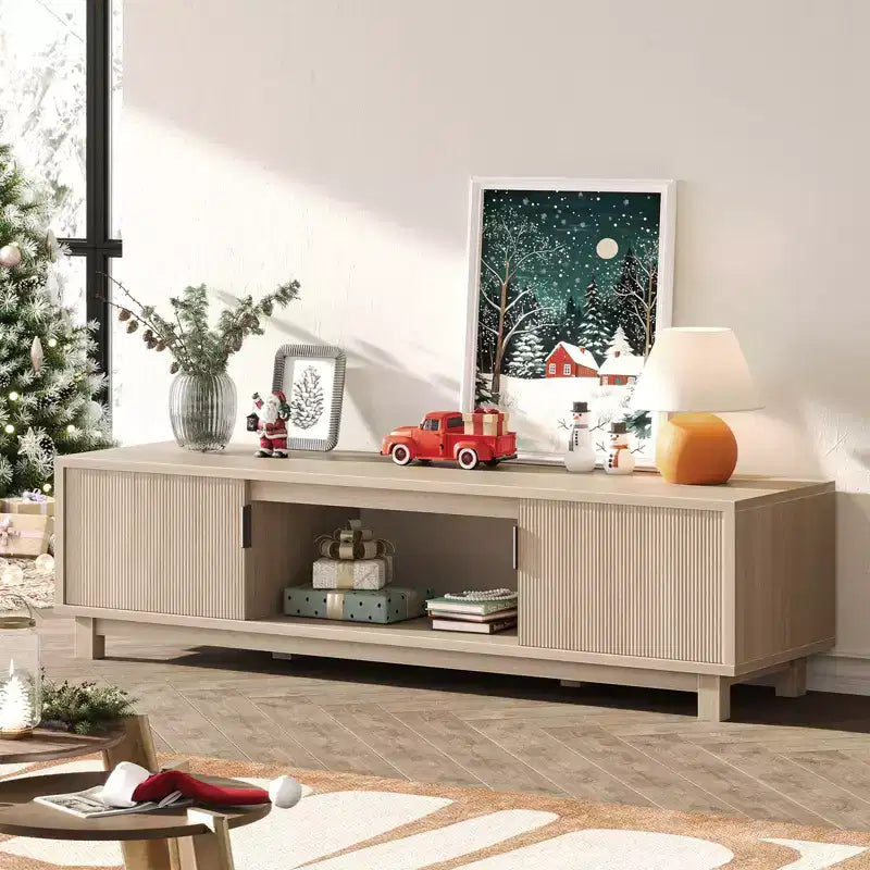 Mobile TV Bestier da 70'' per TV fino a 75'', Consolle TV moderna con 2 armadietti e un ripiano centrale aperto, 2 Console multimediali con fori passacavi